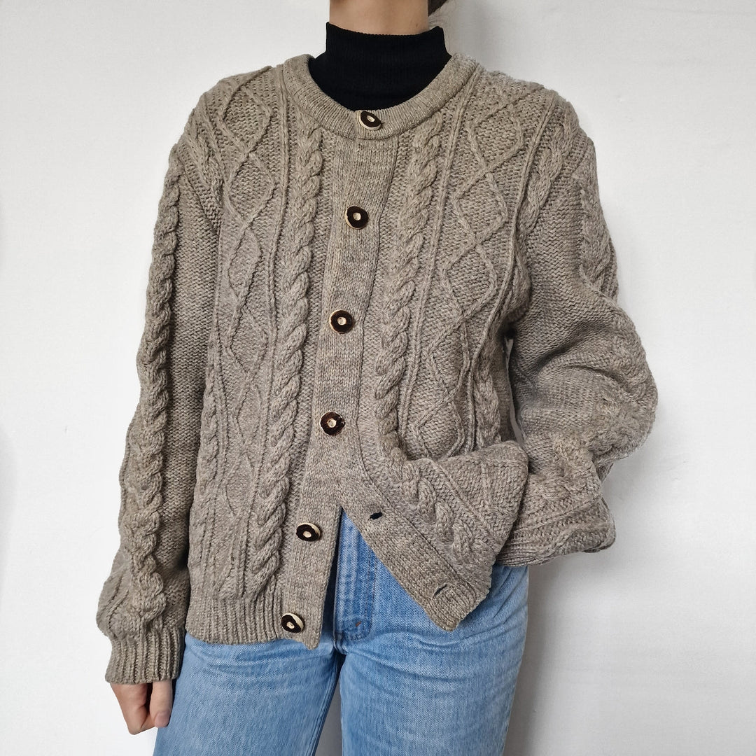 Grey Chunky Cable Knit Cardigan - UK 10-12