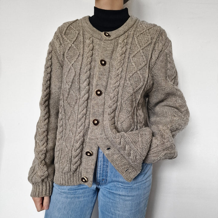 Grey Chunky Cable Knit Cardigan - UK 10-12
