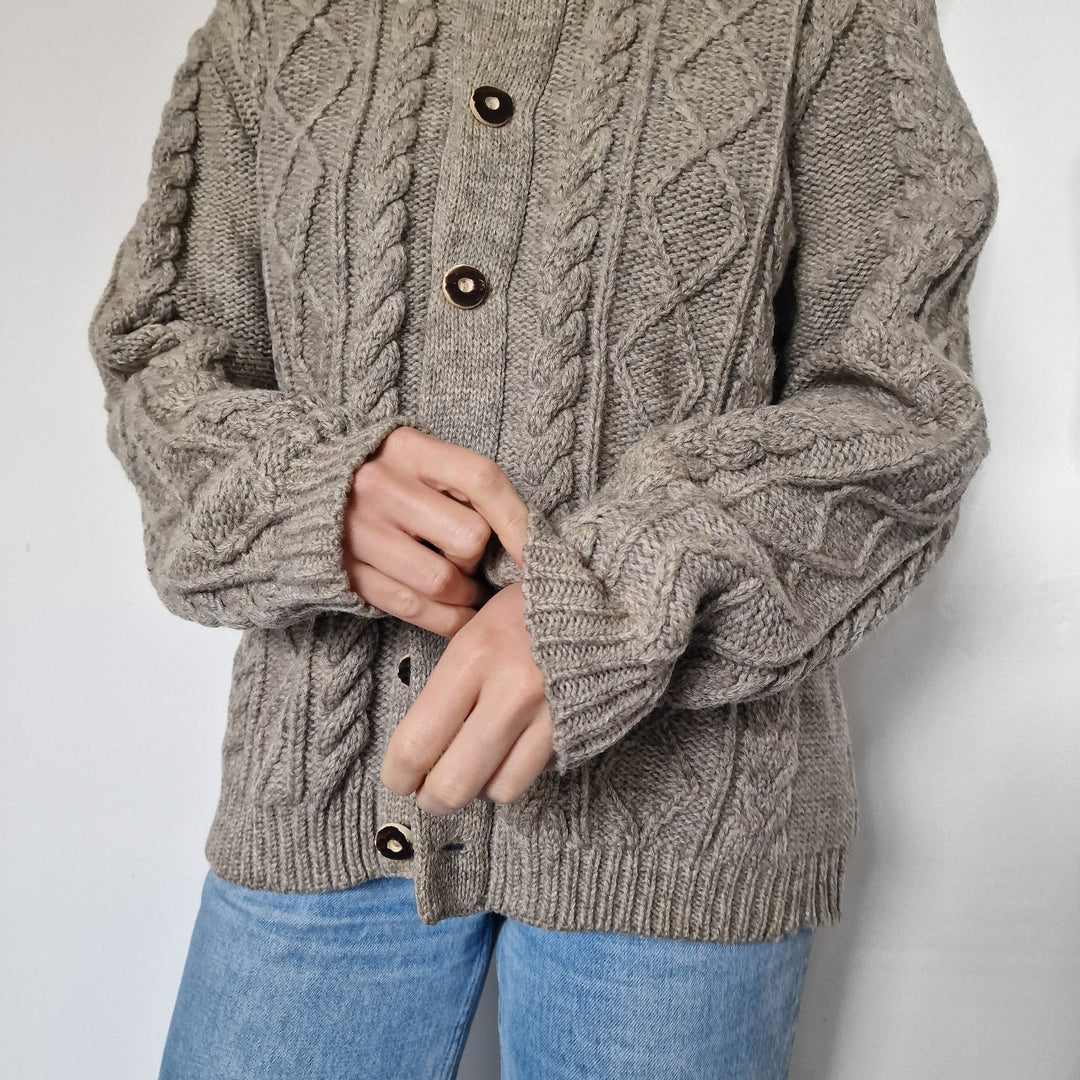 Grey Chunky Cable Knit Cardigan - UK 10-12