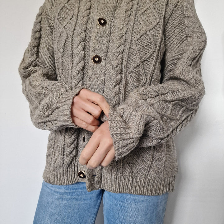 Grey Chunky Cable Knit Cardigan - UK 10-12
