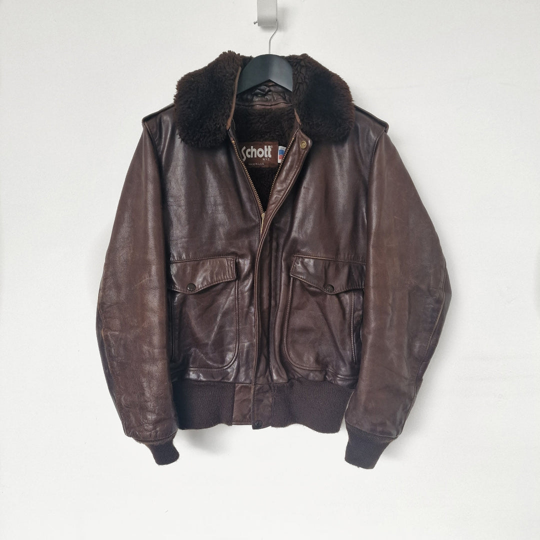Schott Leather Flight Jacket with Removable Collar & Lining - UK 10