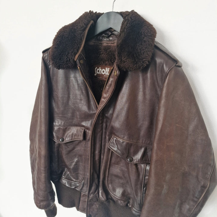 Schott Leather Flight Jacket with Removable Collar & Lining - UK 10