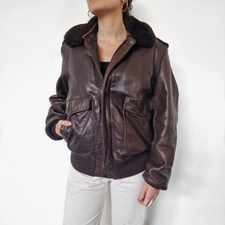Schott Leather Flight Jacket with Removable Collar & Lining - UK 10
