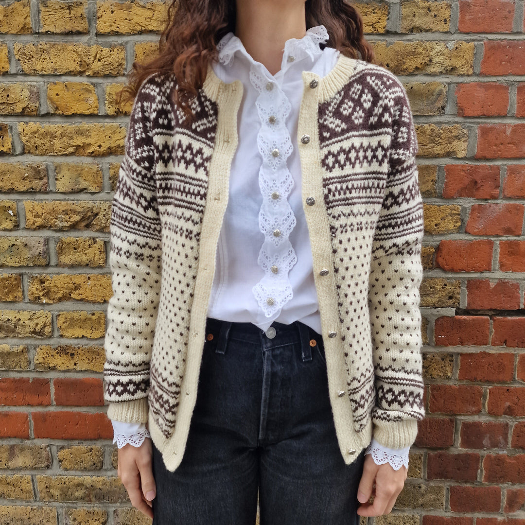 Fair Isle Knit Cardigan in Cream & Brown - UK6-8