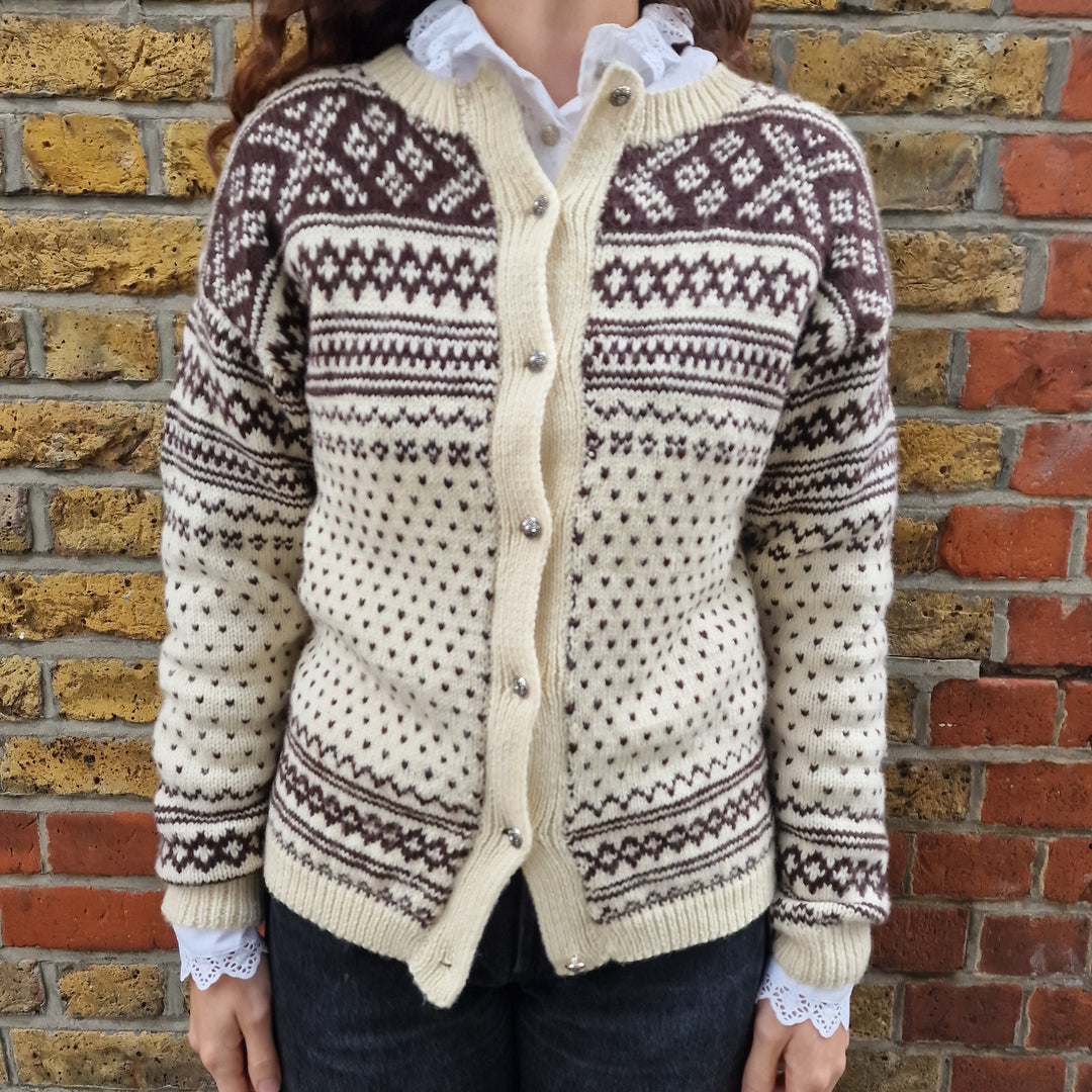 Fair Isle Knit Cardigan in Cream & Brown - UK6-8