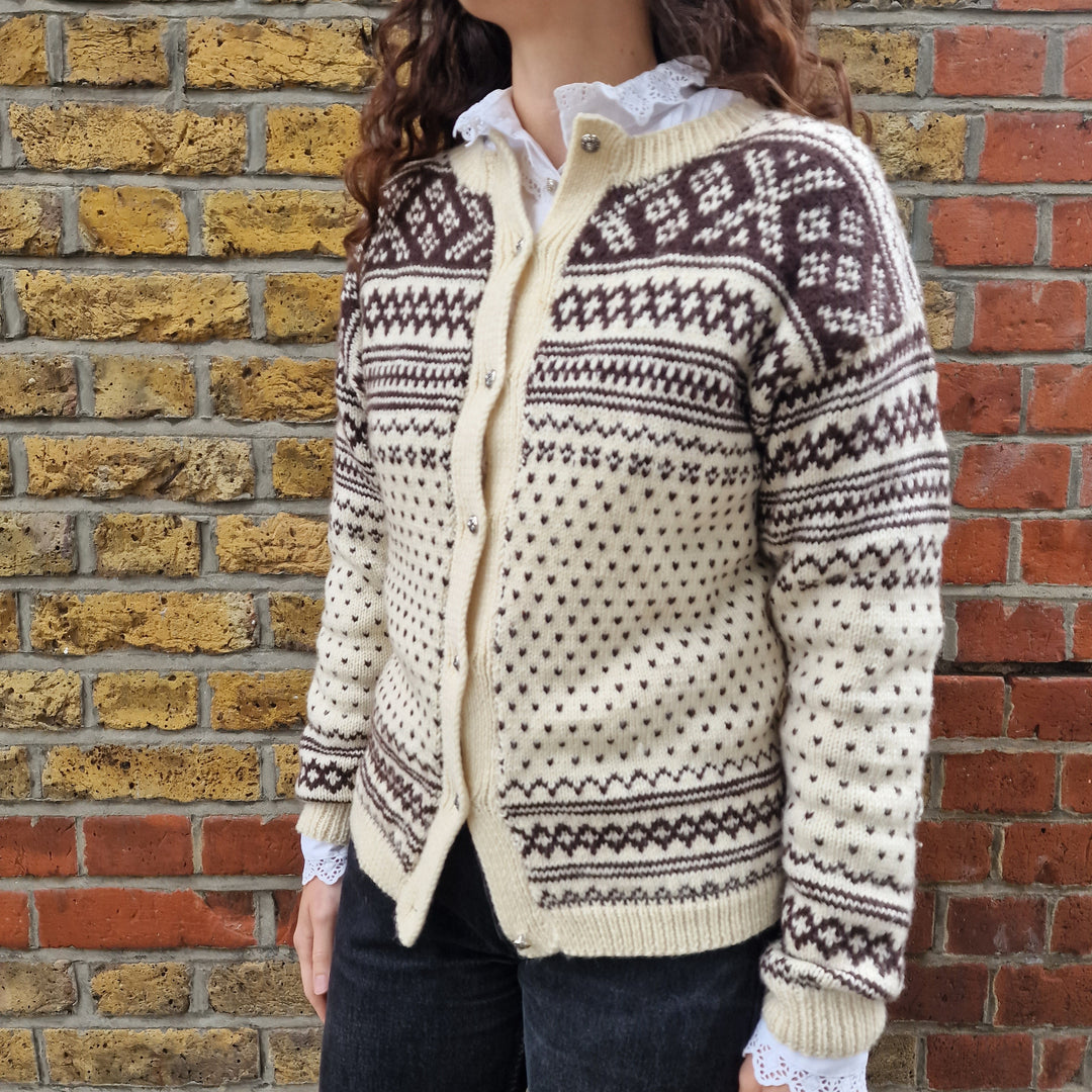 Fair Isle Knit Cardigan in Cream & Brown - UK6-8