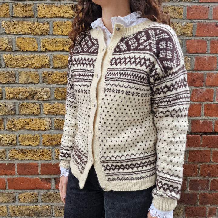 Fair Isle Knit Cardigan in Cream & Brown - UK6-8
