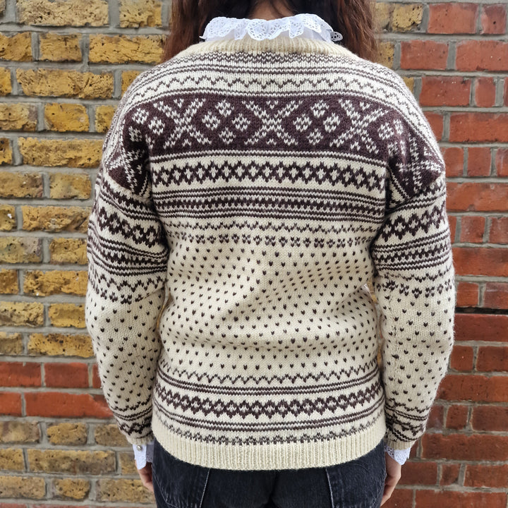 Fair Isle Knit Cardigan in Cream & Brown - UK6-8