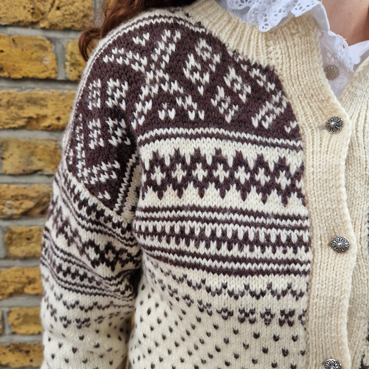 Fair Isle Knit Cardigan in Cream & Brown - UK6-8