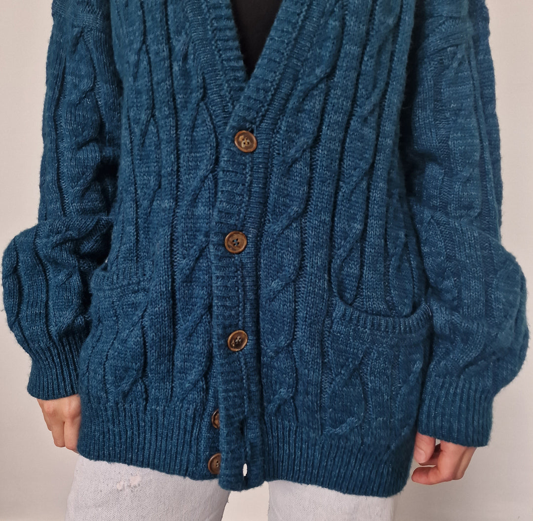 Blue Teal Wool Oversized Cardigan - UK 8-12