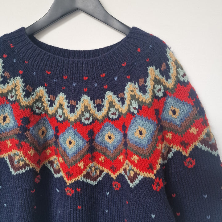 Oversized Navy Wool Fair Isle Jumper - UK 12-14
