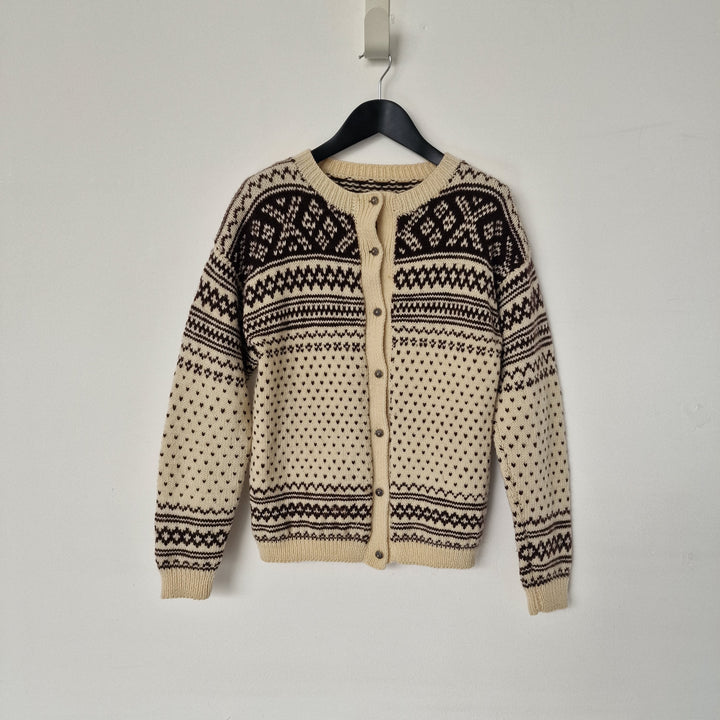 Fair Isle Knit Cardigan in Cream & Brown - UK6-8